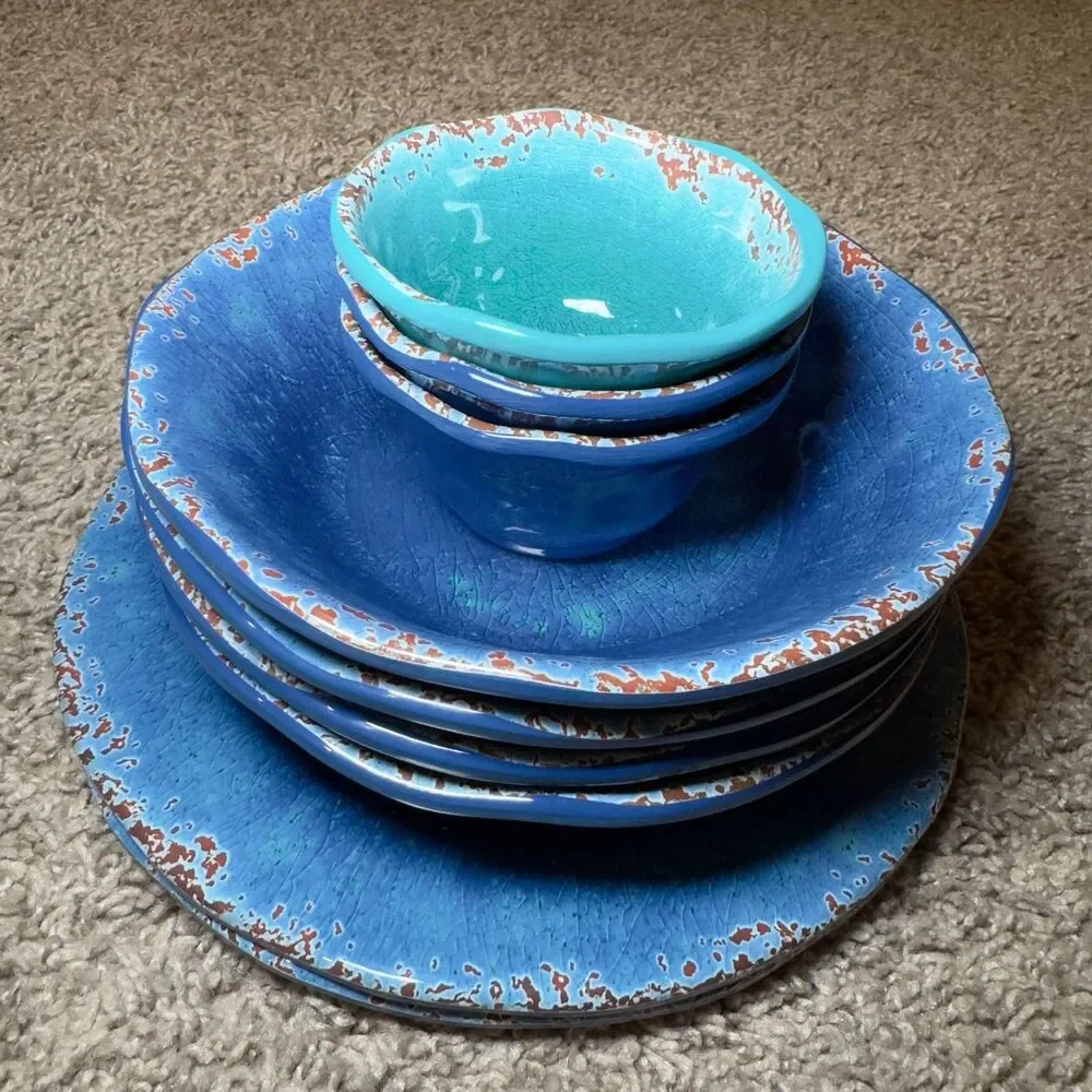 Pier 1 Carmelo Melamine Blue Crackle Rustic Plates Bowls Snack Dish LOT of 9